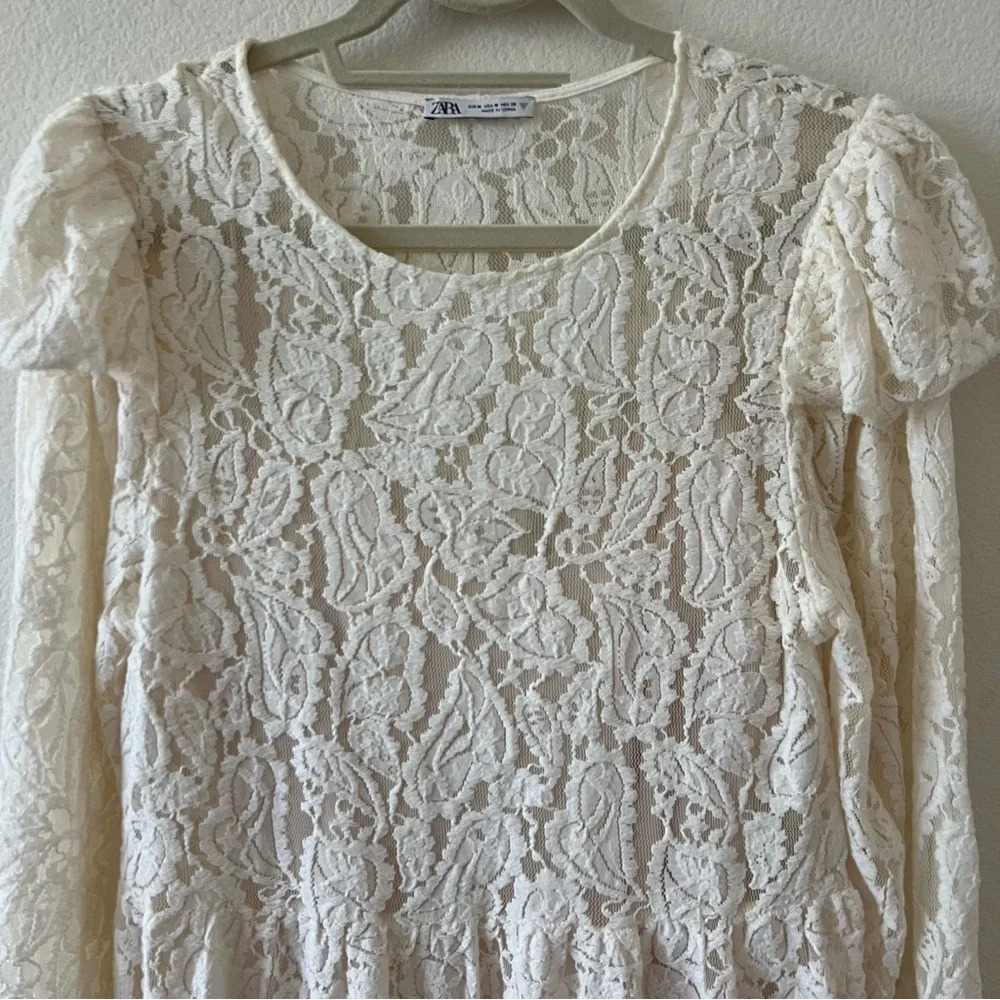 Zara Ivory Floral Lace Mini Dress Balloon Sleeve Ruffle Boho Wedding Guest M - Picture 8 of 16